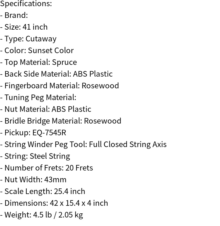 full size acoustic electric guitar with grape voice hole spruce top round back sunset color 41 inch details 0