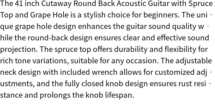 acoustic guitar with spruce top grape hole design round back adjustable neck burlywood finish 41 inch details 2