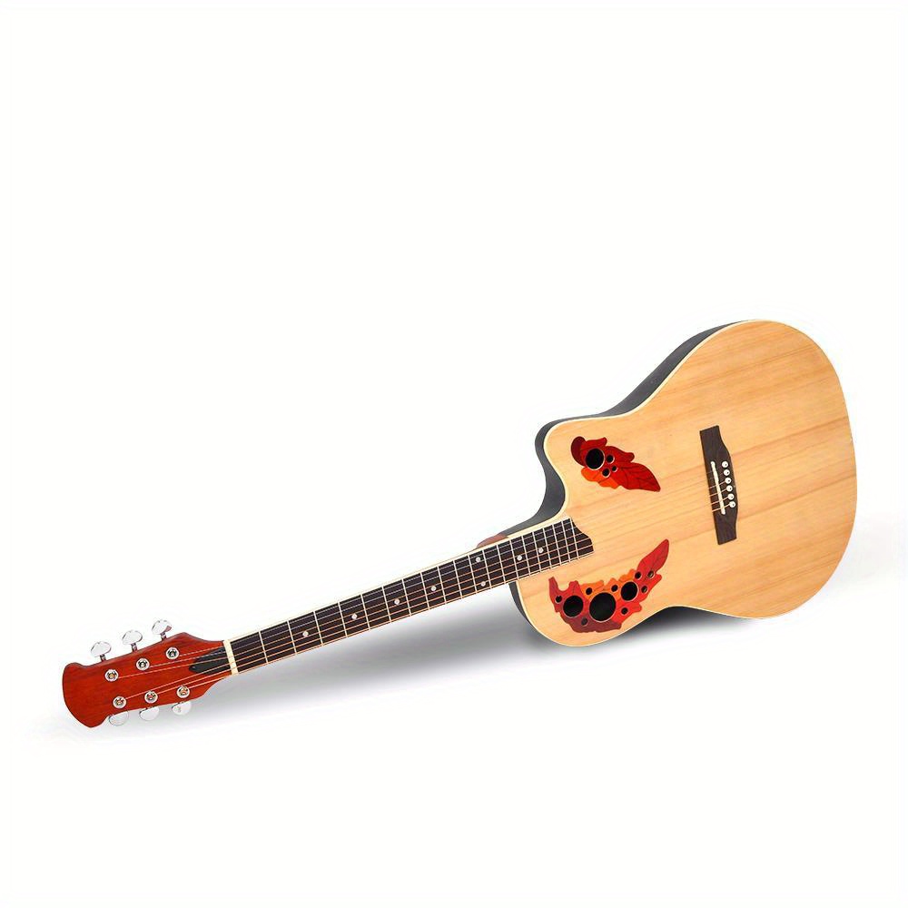 acoustic guitar with spruce top grape hole design round back adjustable neck burlywood finish 41 inch details 4