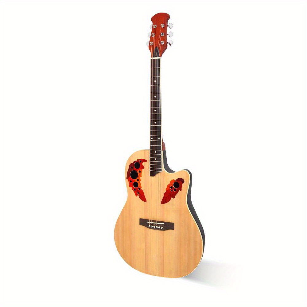 acoustic guitar with spruce top grape hole design round back adjustable neck burlywood finish 41 inch details 7