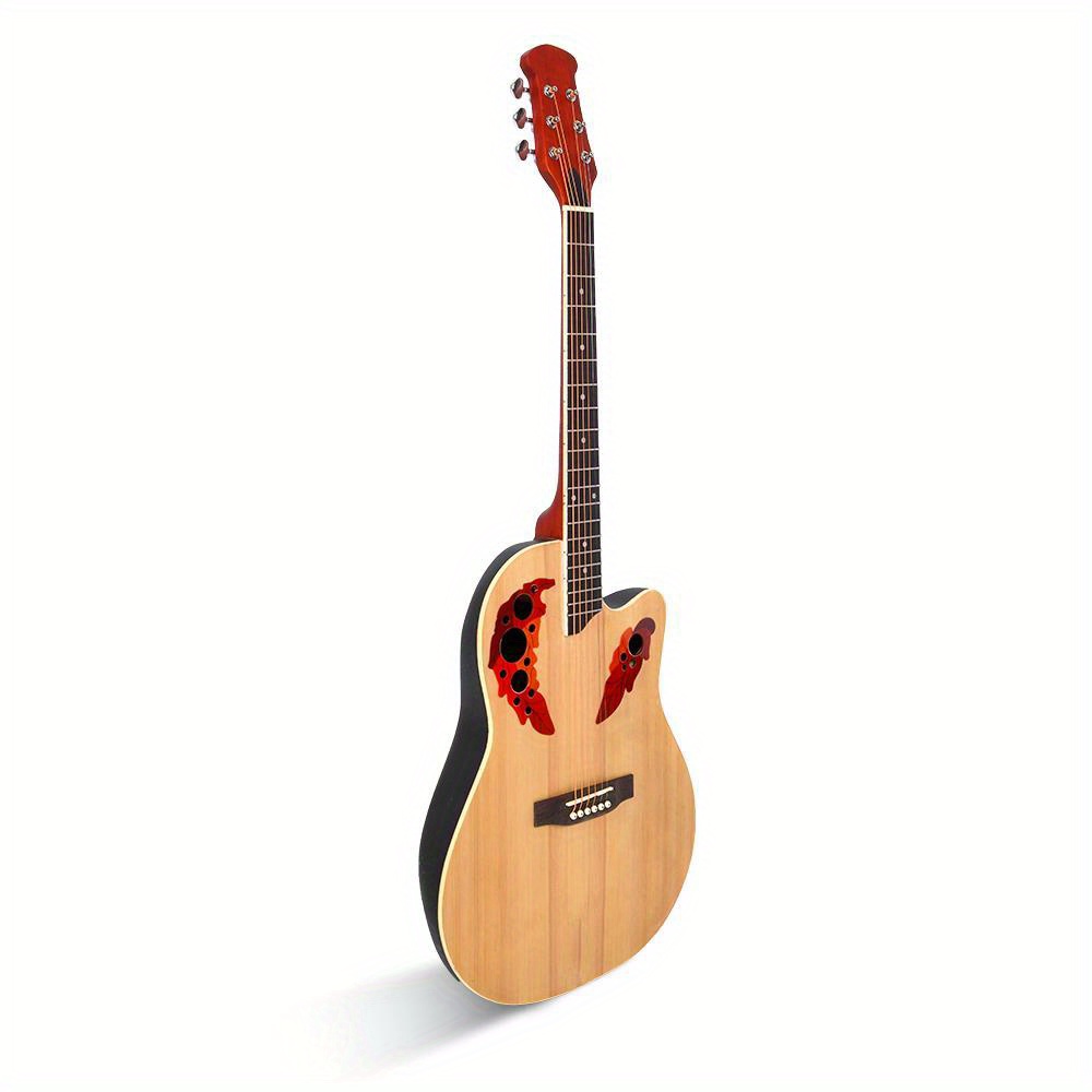 acoustic guitar with spruce top grape hole design round back adjustable neck burlywood finish 41 inch details 8