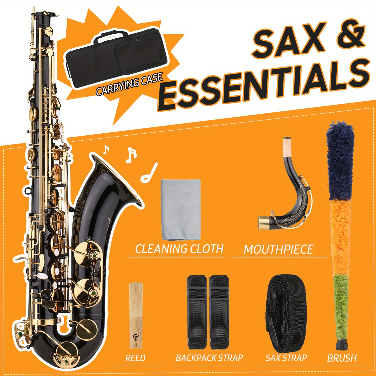 b flat saxophone lacquer sax with instrument case mouthpiece reed neck strap cleaning cloth brush for musicians beginners details 5