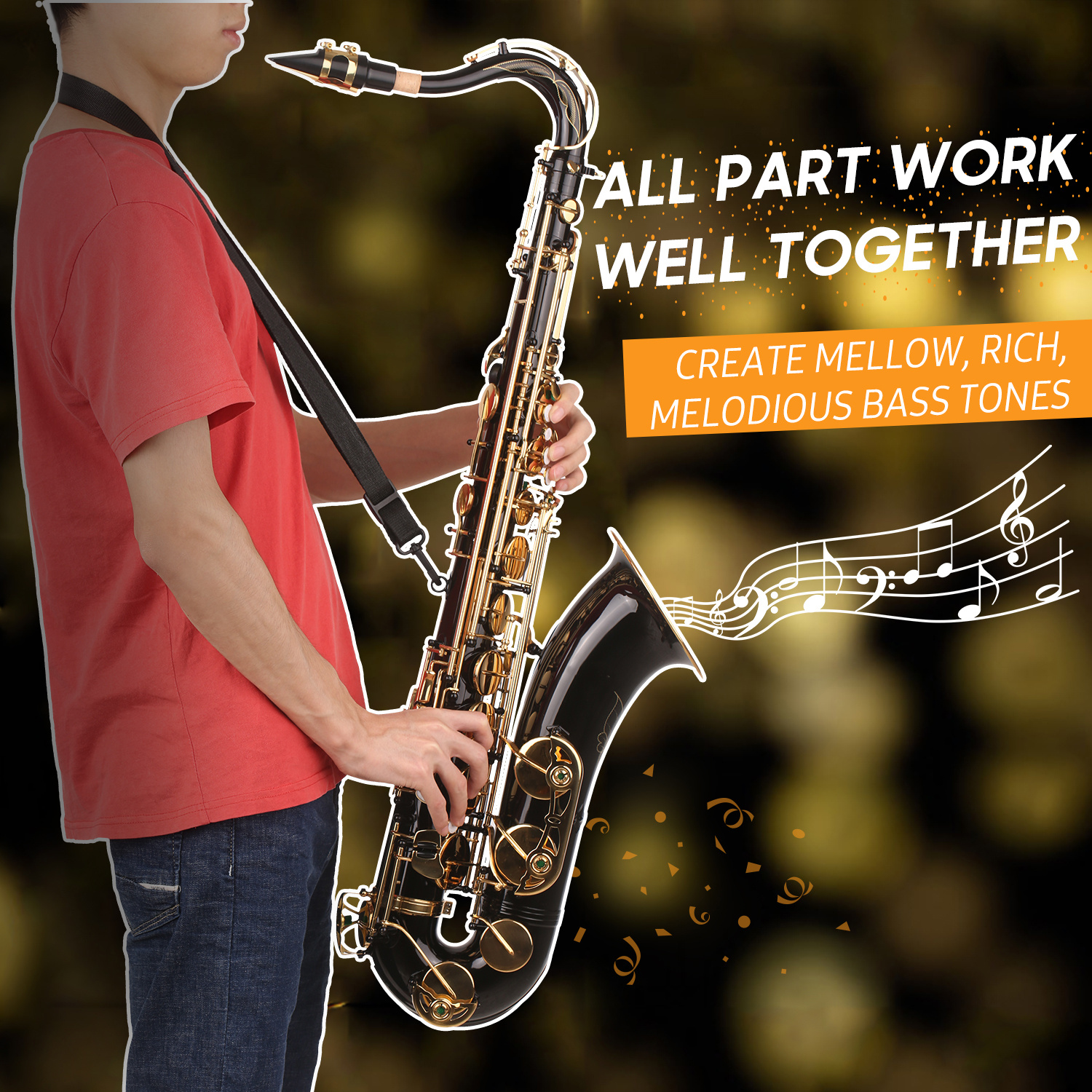 b flat saxophone lacquer sax with instrument case mouthpiece reed neck strap cleaning cloth brush for musicians beginners details 6
