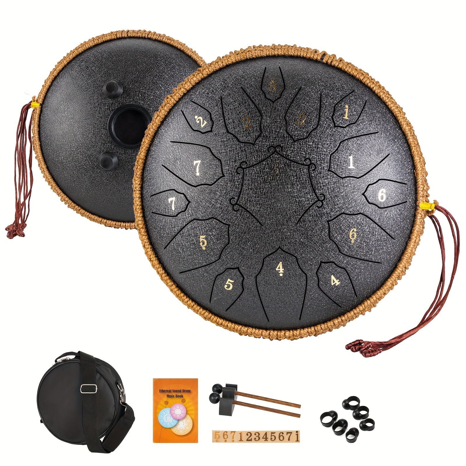 a 15 note steel tongue drum percussion instrument in the key of d corn shaped hand drum with drumsticks carrying bag and sheet education concerts spiritual healing yoga entertainment happy eid details 0