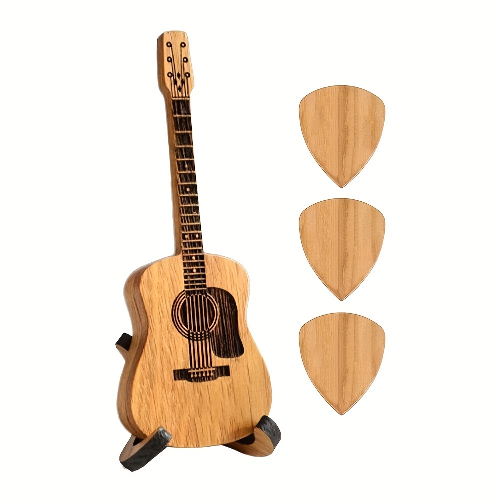 wooden guitar with stand 5pcs picks guitar pick holder box musician engraved wooden plectrum case acoustic guitar box for electric bass guitar ukulele lover details 0