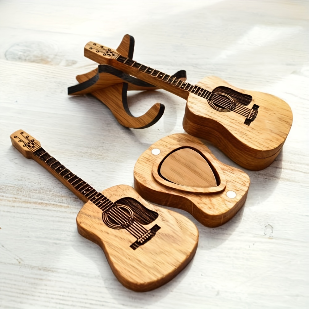 wooden guitar with stand 5pcs picks guitar pick holder box musician engraved wooden plectrum case acoustic guitar box for electric bass guitar ukulele lover details 1
