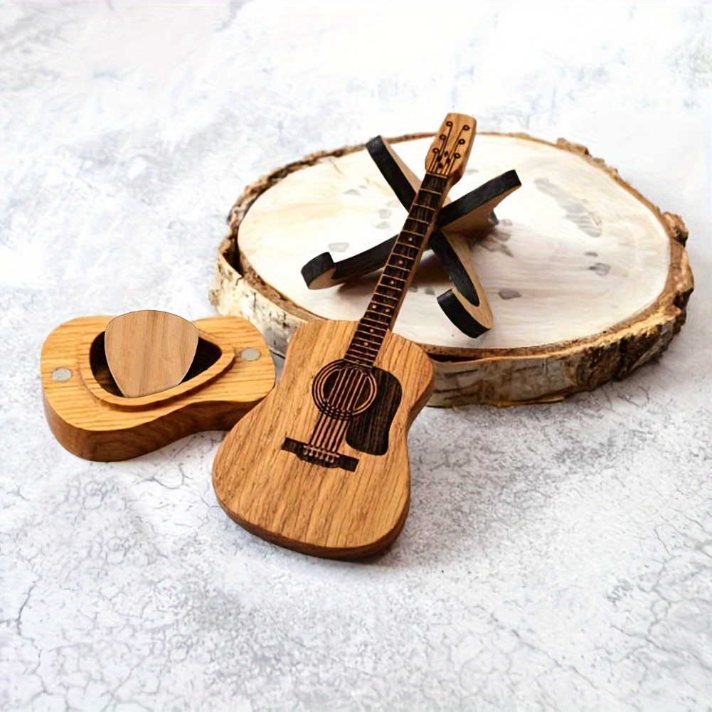 wooden guitar with stand 5pcs picks guitar pick holder box musician engraved wooden plectrum case acoustic guitar box for electric bass guitar ukulele lover details 2