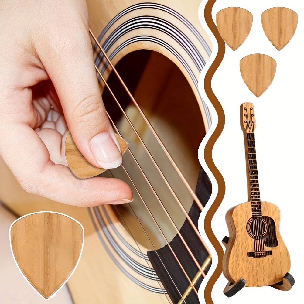 wooden guitar with stand 5pcs picks guitar pick holder box musician engraved wooden plectrum case acoustic guitar box for electric bass guitar ukulele lover details 4